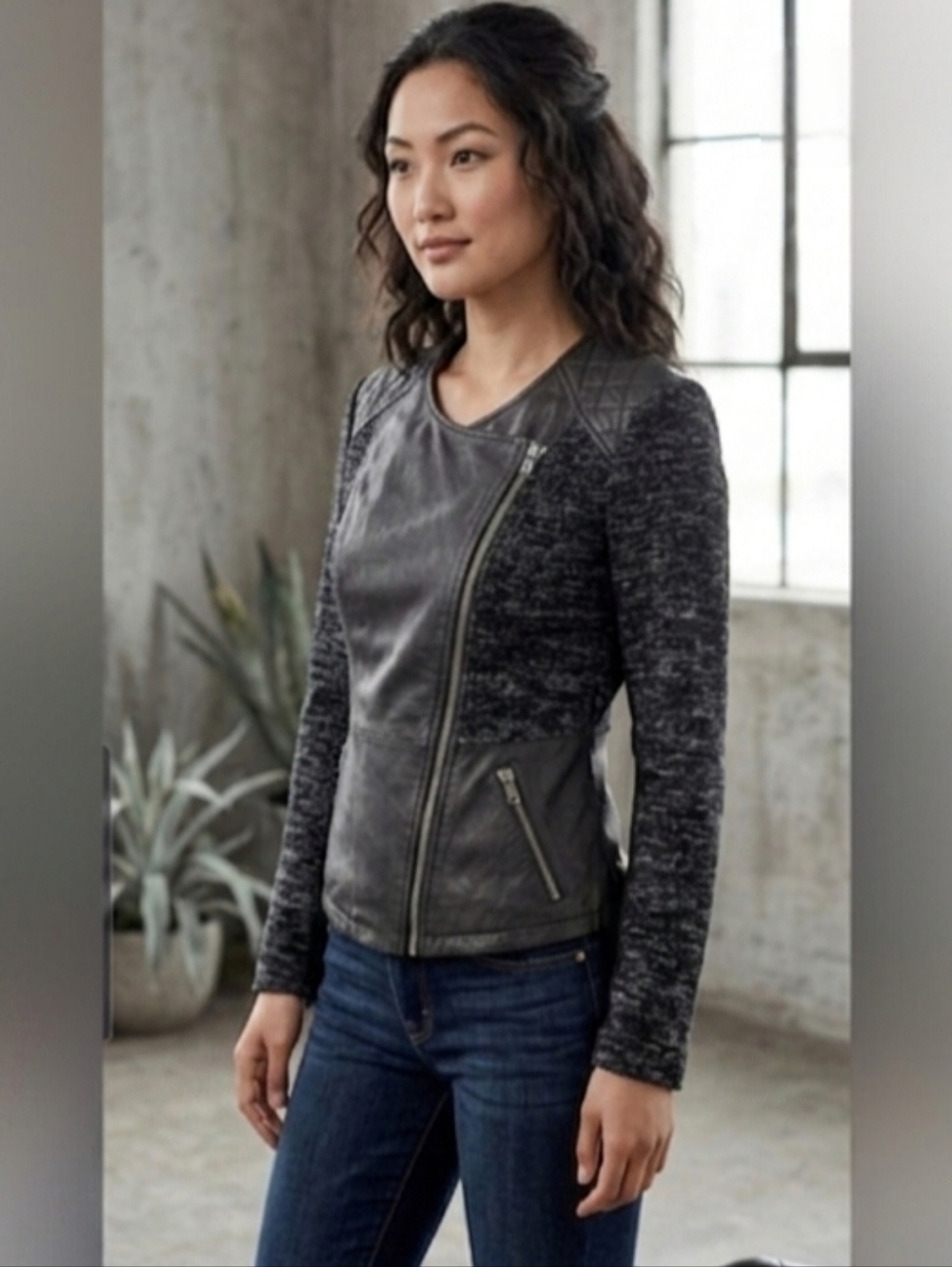 Black Lucky Brand Women’s Jacket Lamb Leather and Wool Knit Sz S